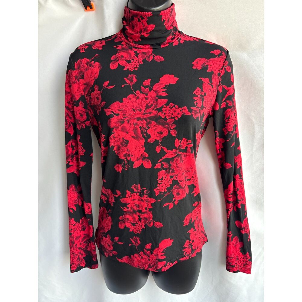 Diana Belle Floral Red Black Turtleneck Top Size S Romantic Roses Long Sleeve